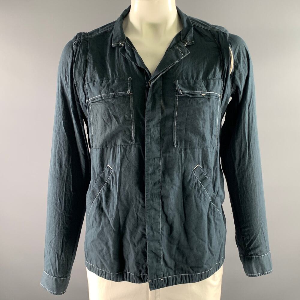 NICE COLLECTIVE Size XL Navy Contrast Stitch Cotton Zipper Sleeve Shirt
